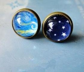 [ Grdx02061]Cool Sky Stars Oil Paiting Earrings For Two