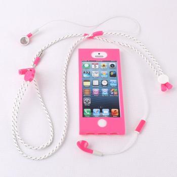 Fashion Necklace Headphones Line and Pink Soft and Hard Protective Case One Suit For Iphone 5